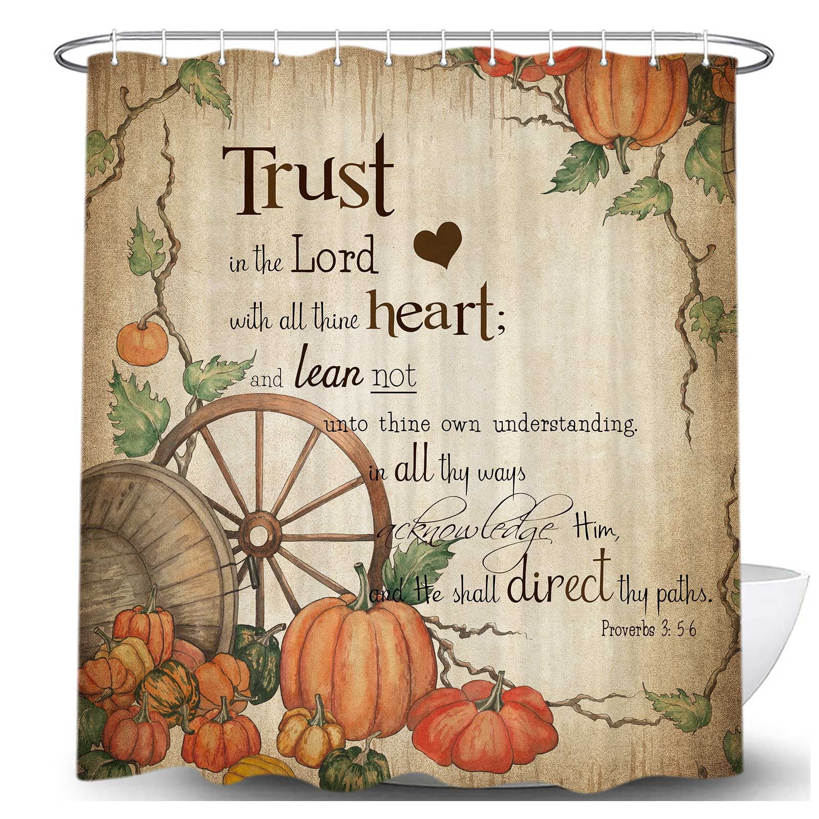 Cute Fall Quotes Shower Curtain, Farmhouse Pumpkin Retro Autumn Thanksgiving Harvest Fabric Shower Curtains Set for Bathroom, Inspirational Rustic Restroom Decor Accessories with Hooks 72X 72 Inch