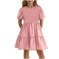 thumbnail image 2 of Meichang Girls Dresses Kids Summer Puff Short Sleeve Crew Neck Tiered Dress Cute Beach Flowy Mini Dresses Casual Solid Loose Fit A-Line Party Dress, 2 of 6
