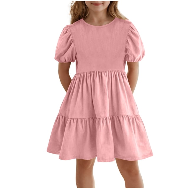Mgmyaa Robe d'Été à Manches Courtes Smockée à Volants pour Filles Col Rond Ligne A Robes Fluides Taille 5-15 Ans