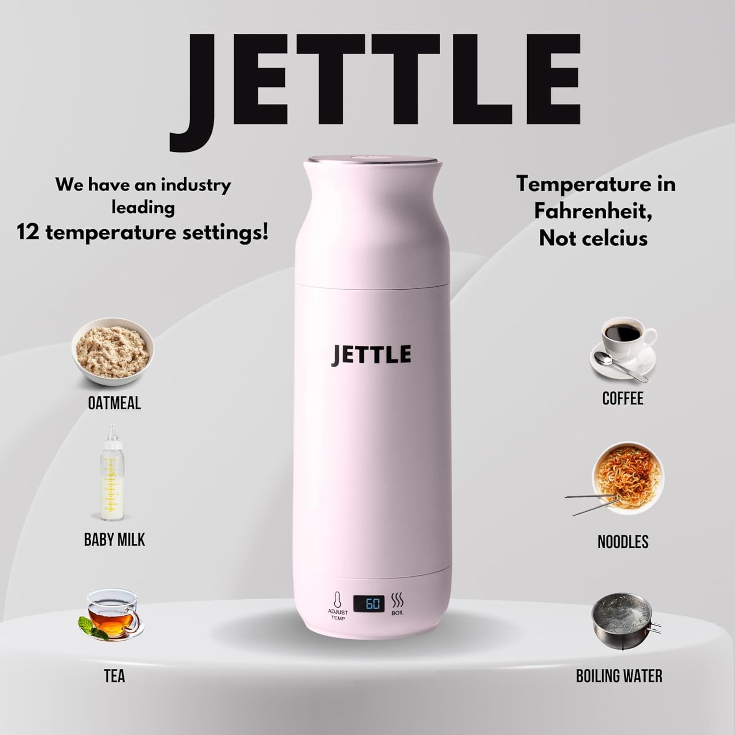 Jettle Travel Electric Kettle - 450ml Bottle-Style Top-Fill No-Spout Water Boiler for Tea & Coffee - Temperature Control, LED Display, Auto Shut-Off - Stainless Steel, 110V