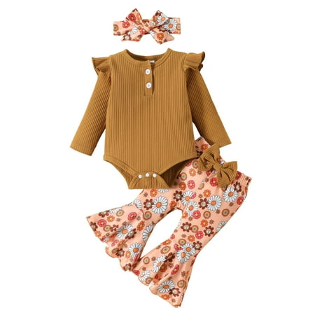 

XINSDOAKK Newborn Outfits Baby Girl Fall Outfits Baby Girl Newborn Infant Rib Frill Long Sleeve Romper Pants Headband Set 3pcs Fall Winter Outfits (Brown 6-12 Months)
