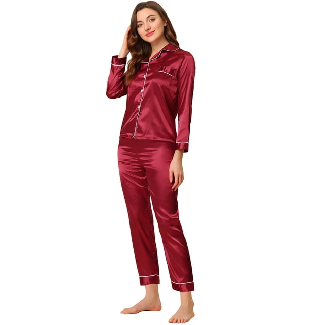 Conjuntos de pijama para mujer Ropa de dormir de manga larga con botones Traje de noche suave para mujer Conjuntos de salón Pj rojo L