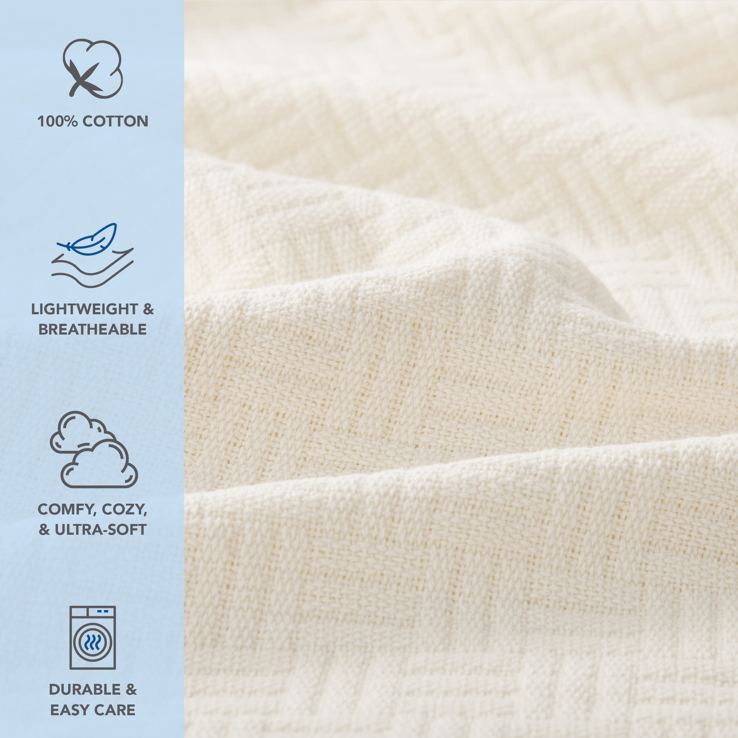 Host & Home 100% Cotton Basketweave Throw, Lightweight Blanket, 300GSM, 50x70, Ivory