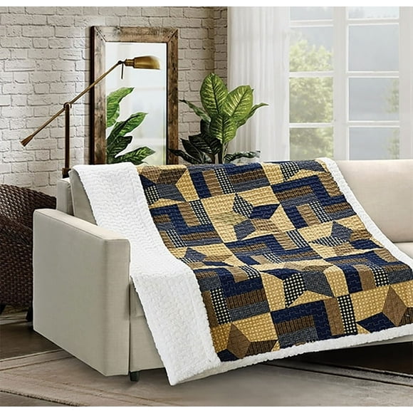 Spura Home Woodland Star Blue Quilted Sherpa Throw Blanket sofa Bed