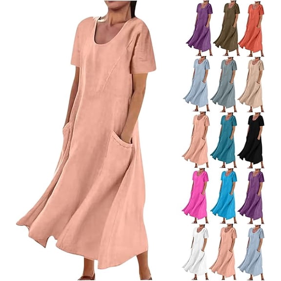 Women's Plus Size Summer Causal Dresses Short Sleeve Cotton Linen Dress Scoop Neck Ruffle Flowy Beach Baggy Maxi Sun Dresses Sundress Pocket