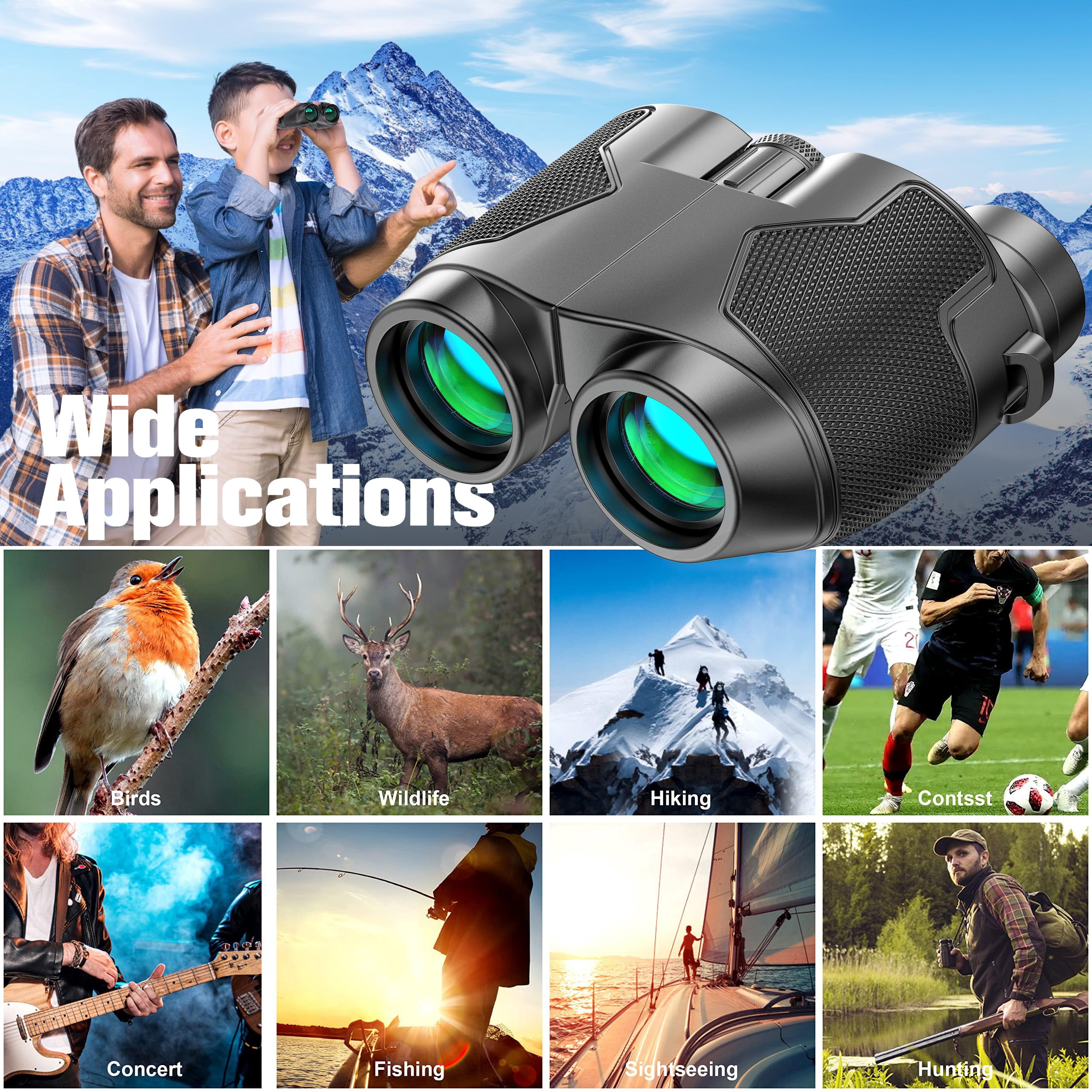 Binoculars 12x25 for Adults and Kids Low Light Vision Binoculars Compact Binocular Large Eyepiece Waterproof Binocular Wide Field of View for Bird Watching,Hiking,Hunting,Concert with Carrying Bag