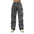 thumbnail image 2 of Mifsaly Womens Cargo Jeans Rhinestone High Waisted Straight Leg Cargo Denim Pants Baggy Y2K Trendy Streetwear with Multi Pockets XXXL, 2 of 5