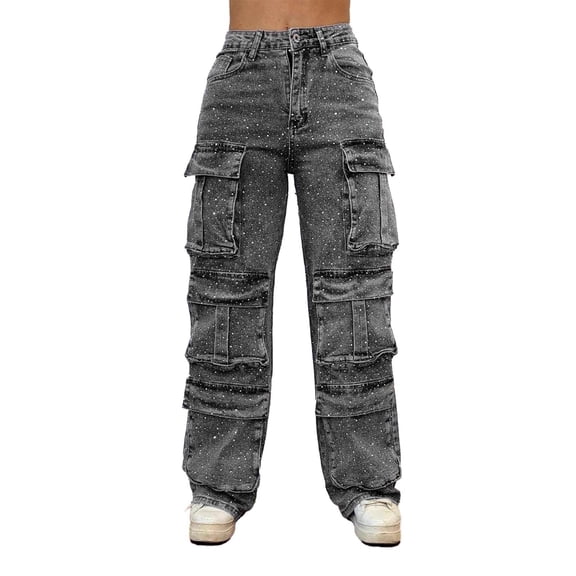 Kilaqueen Jeans for Women Rhinestone High Waisted Multi-Pocket Cargo Denim Pants Loose Fit Trendy Y2K Baggy Jean
