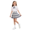 thumbnail image 2 of Girls Preppy School Uniform 3-Piece Set Cotton Short Sleeve Blouse Gray Plaid Skirt Bow Tie for Kids 3T,Size 11-12T, 2 of 6