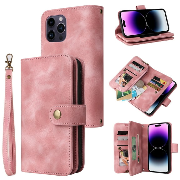 Dteck for Apple iPhone 14 Pro Max 6.7 inch Wallet Case for Women Men, Sturdy PU Leather Case Magnetic Flip Zipper 7 Cards Holder Wristlet & Shoulder Strap Kickstand Phone Case, Rosegold