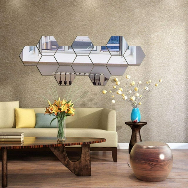 Paquete de 12 pegatinas de pared de espejo de plástico hexagonal acrílico decoración del hogar para sala de estar dormitorio sobre sofá Tv azul Xemadio WLJ-1397