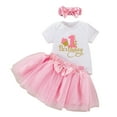 thumbnail image 2 of Wuxian Girls Casual Outfits Baby Girl'S 1St Birthday Outfit Letter Print Short Sleeve Crewneck Romper With Fashionable Tutu Skirt Hair Bow 3 Piece Set Party Wedding Clothes Outfits,Pink,12-18 Months, 2 of 5