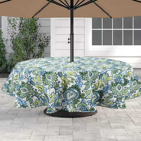 

60 Round Tablecloth with Umbrella Hole and Zipper Washable Waterproof Wrinkle Free Zippered Patio Table Cloths Table Covers for Spring Summer Party Backyard Picnic BBQS (Botanical Blue Green)