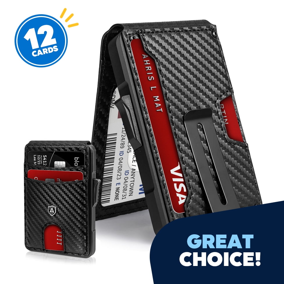 AOMGO Carbon Fiber Slim Wallet for Men - RFID Blocking Minimalist Bifold with Money Clip & Card Ejector | Holds 12 Cards, Cash | Front Pocket Leather Wallet, Secure Credit Card Holder for Travel