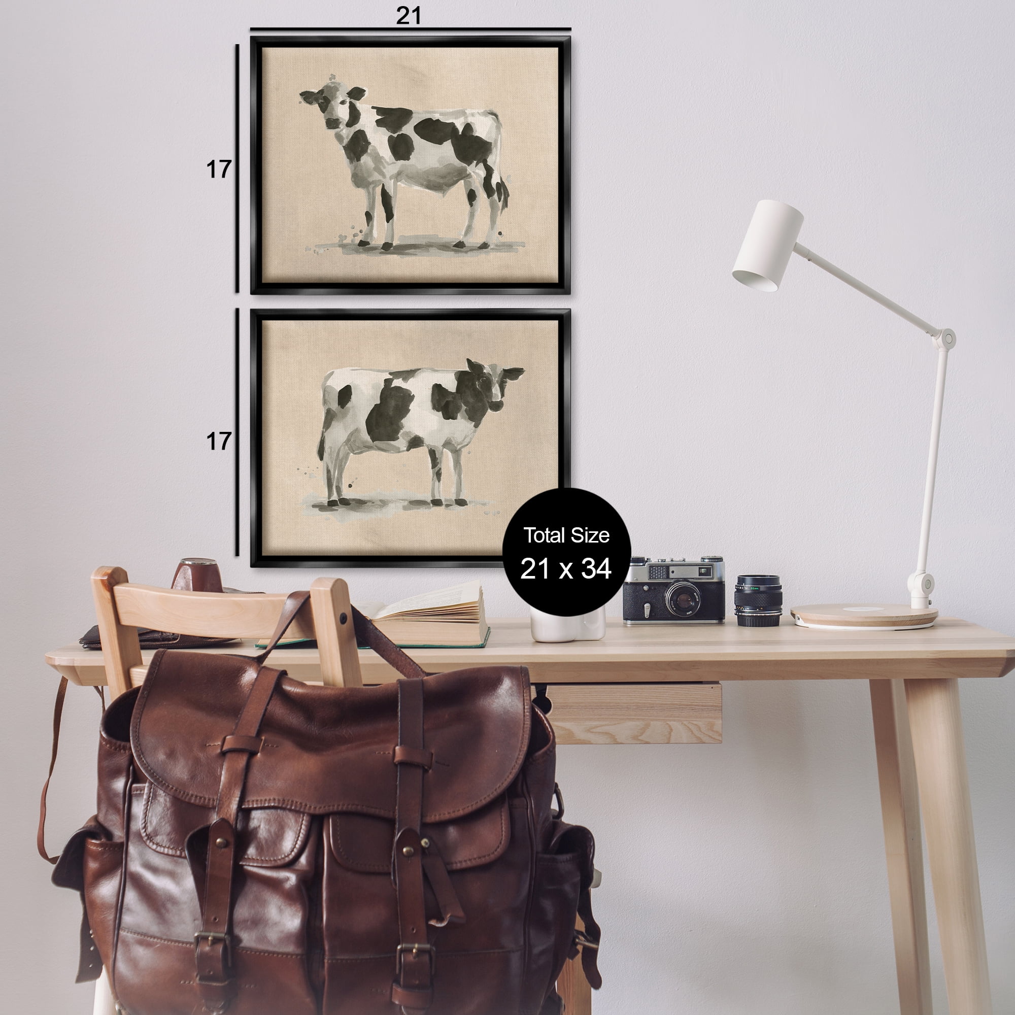 Stupell Industries Beige Holstein Cow Portrait Animals Painting Black Floater Framed Canvas Art Print Wall Art, 21 x 17, Set of 2