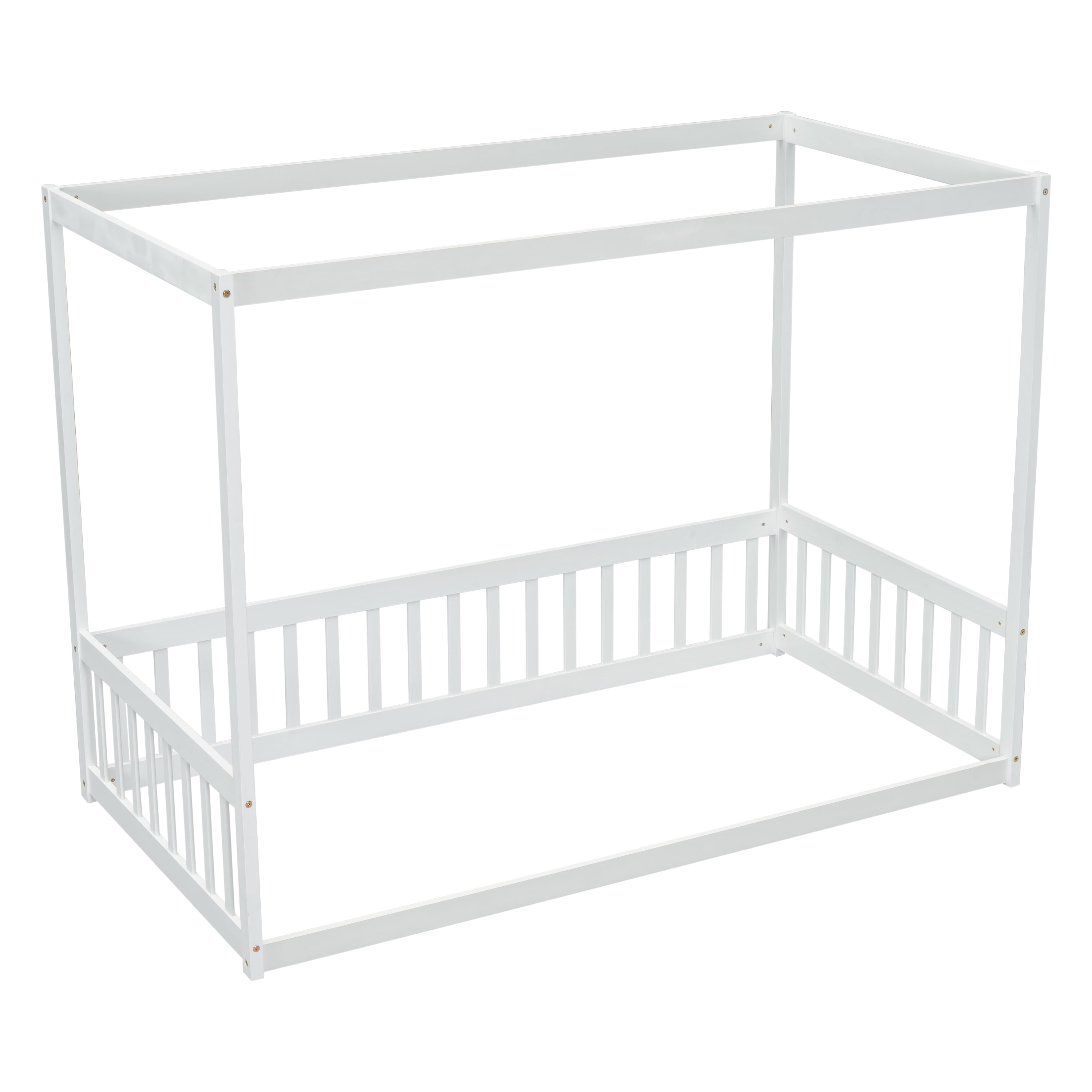 Miniyam Wood Twin Size Canopy Floor Bed with Guardrails for Kids and Teens, White