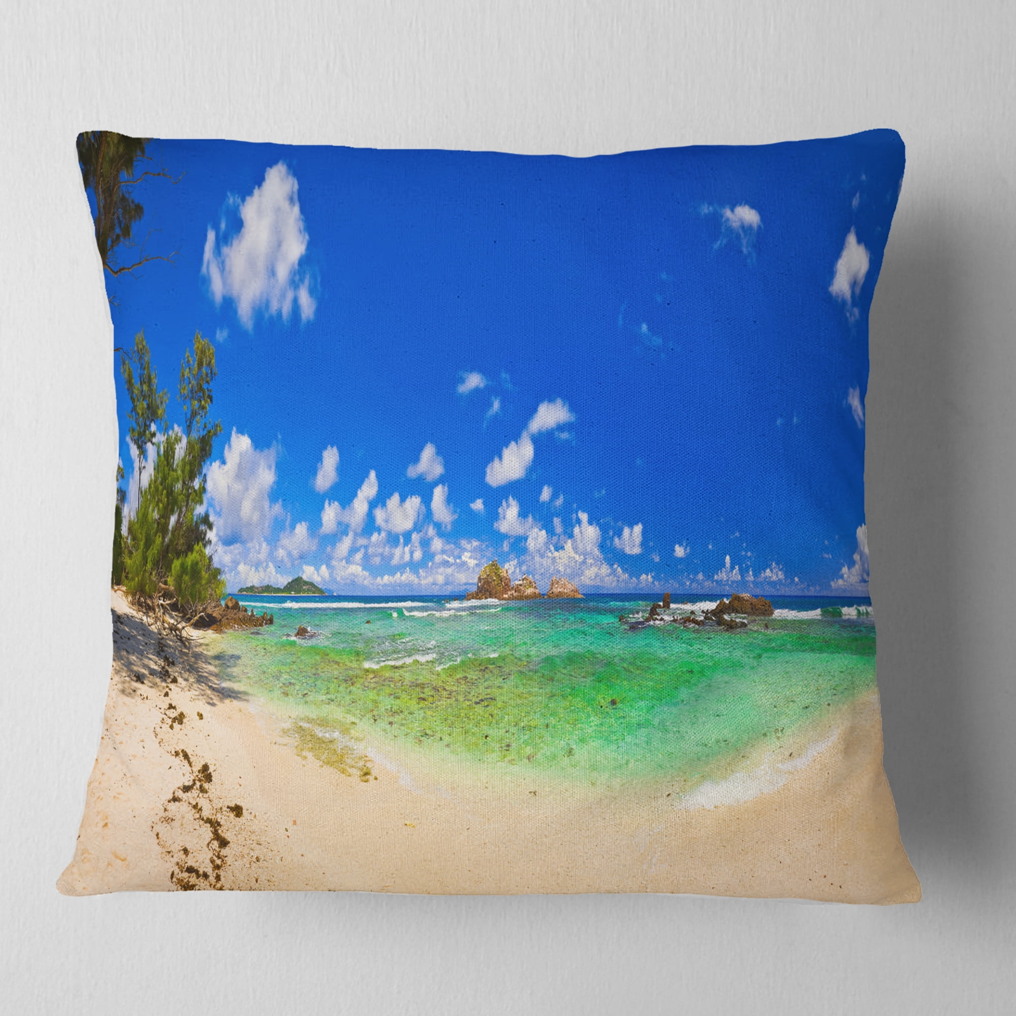 Designart Tropical Beach with Green Sea - Landscape Photography Throw Pillow - 18x18
