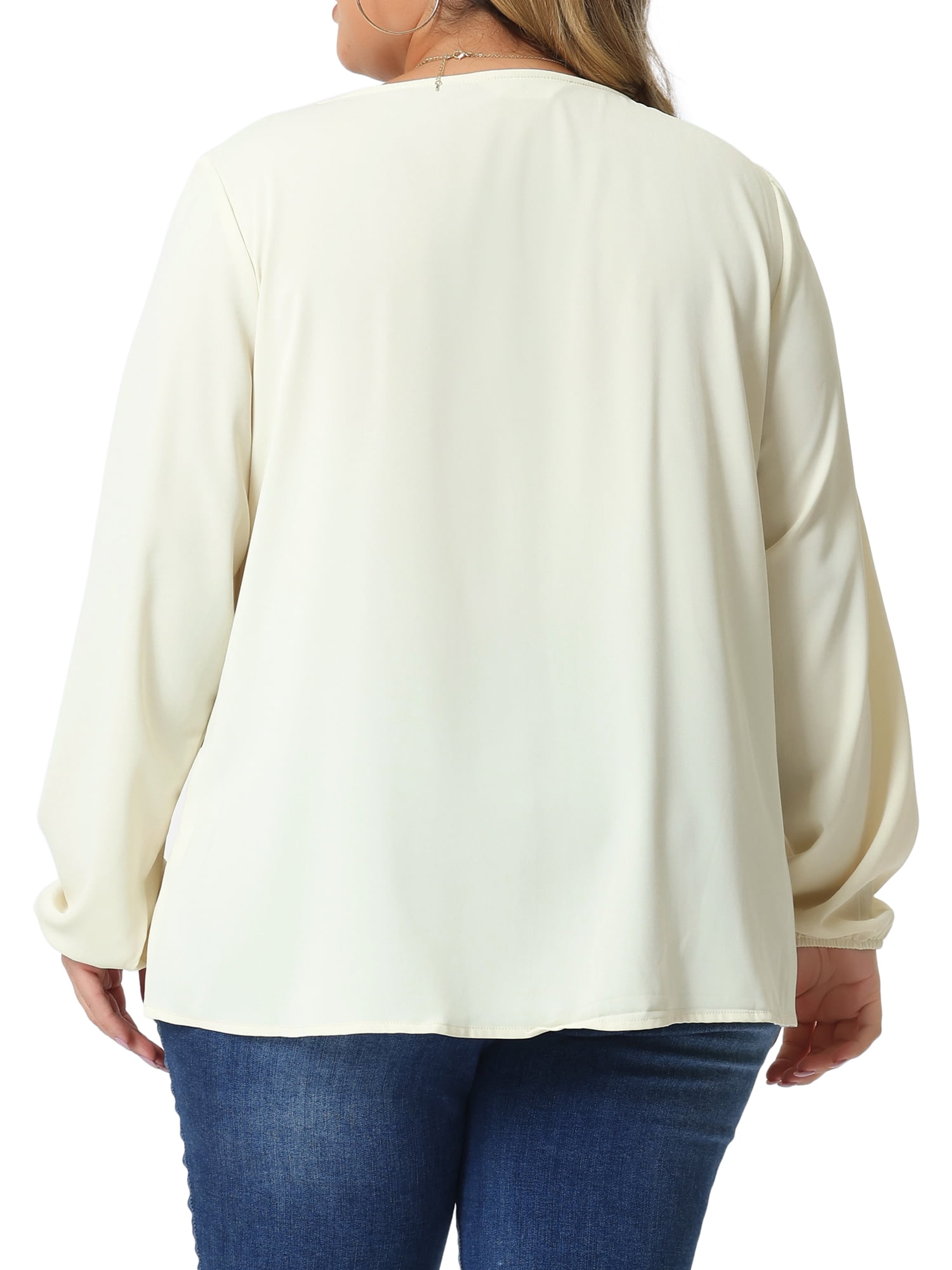 Unique Bargains Women's Plus Size Long Sleeve V Neck Chiffon Pleated Front Tops 4X Apricot