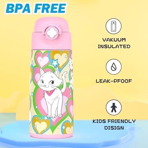 Girls Insulated Water Bottle with Covered Pop-Up Straw,16 oz Kids Cups with Stainless Steel Leak Proof for School Pink（Cat）
