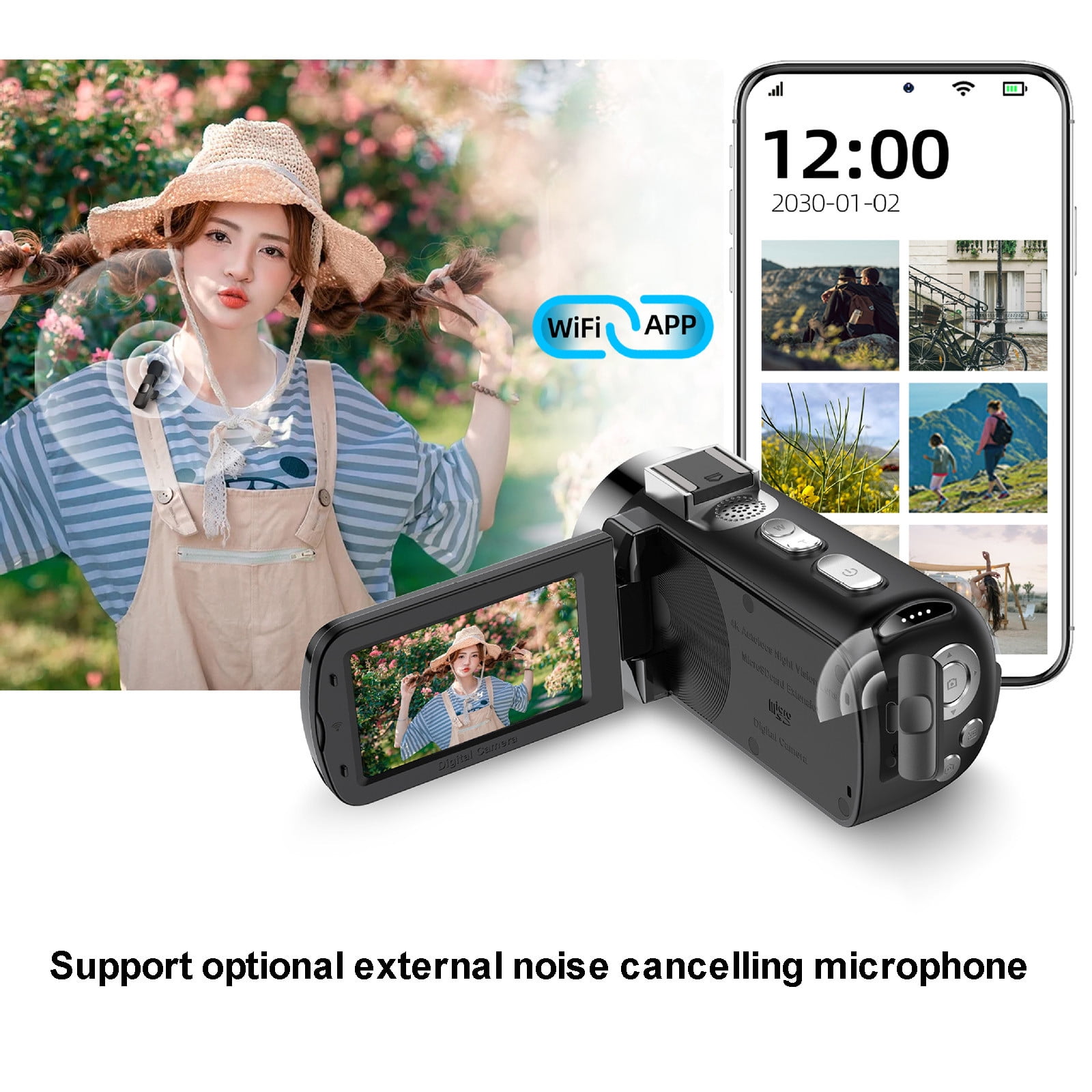 4K Video Camera Camcorder 4K UHD Digital Camera with WiFi, 64MP, 28X Zoom Digital Zoom Webcam, Night Vision, 360° Rotating Screen Camcorders