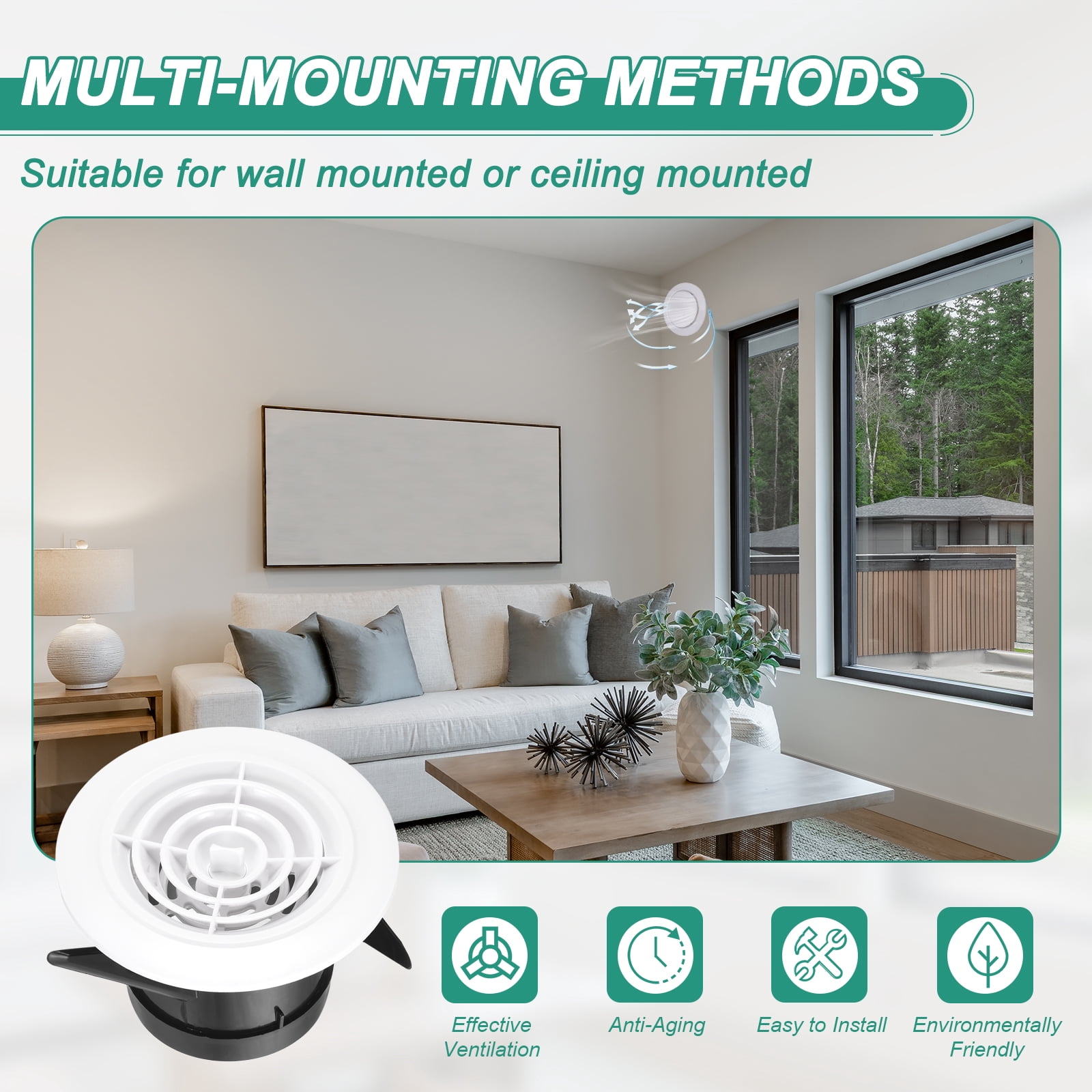Uxcell 4pcs Soffit Vent 3" ABS Adjustable Round Louvered Vent Cover Grille Cover Ceiling Diffuser for Home Bathroom Office Kitchen Ventilation System