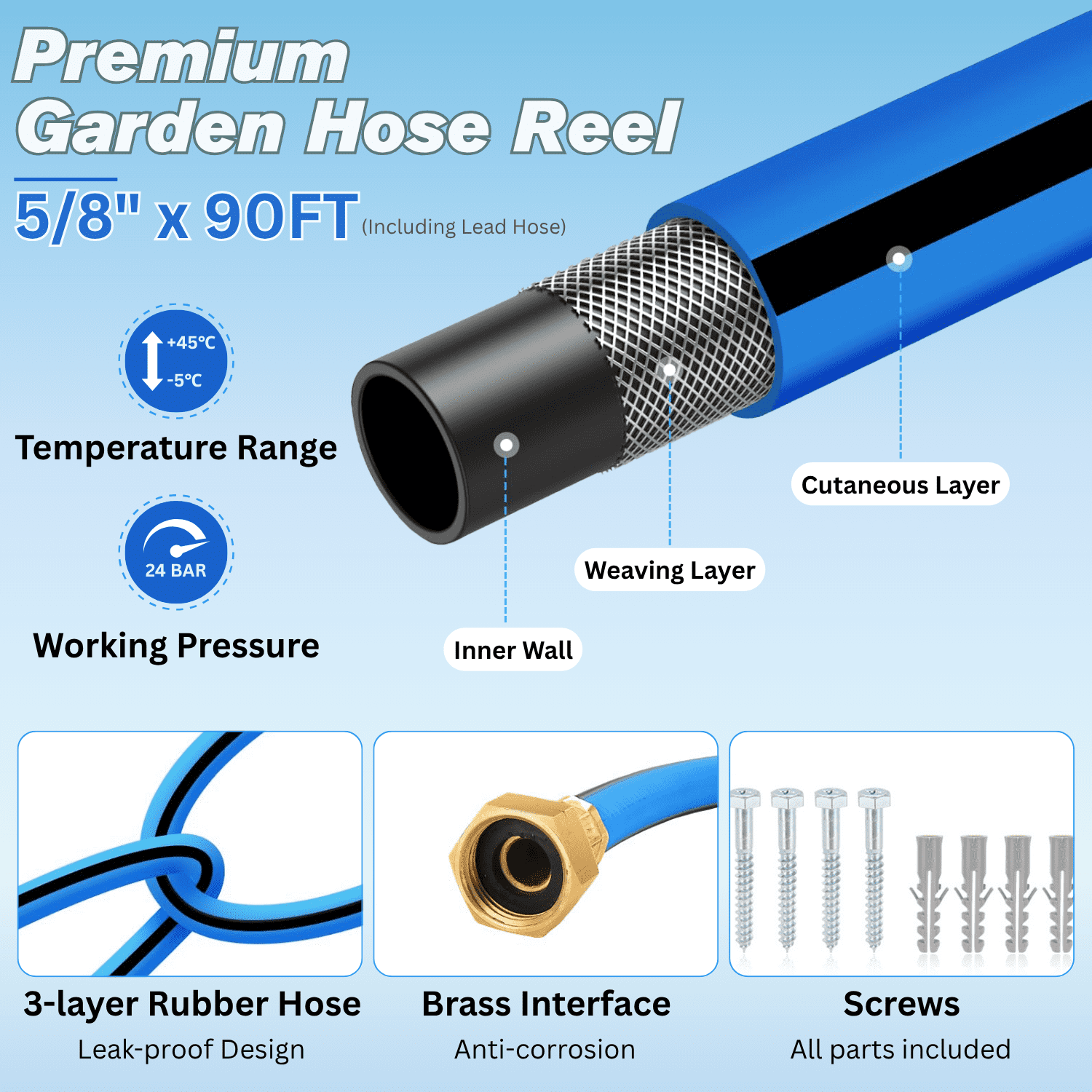 Legooin 82ft x 5/8 in Retractable Hose Reel, Wall Mount Garden Hose Reel for Outdoor Water Hose with 10-Pattern Sprayer Nozzle, Auto Rewind, Length Lock, 180° Swivel