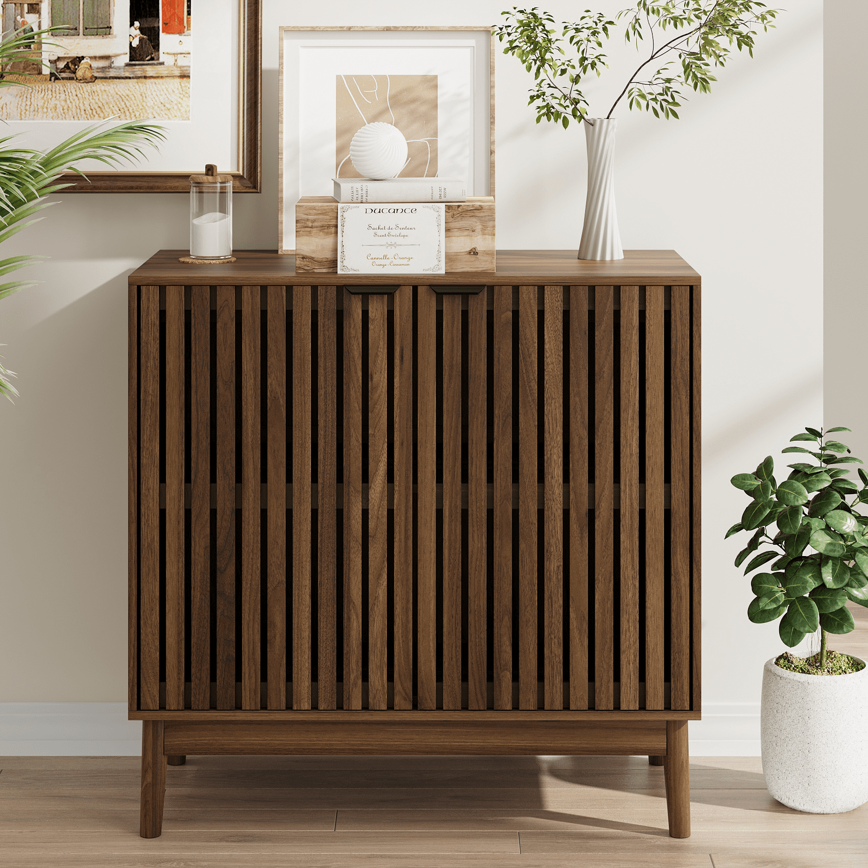 Algherohein Sideboard Cabinet with 4 Door & Adjustable Shelves, Kitchen Storage Organizer, Home Decor TV Stand for Living Room, Walnut