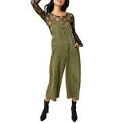 Womens Ribbed Corduroy Bib Front Wide Cropped Leg Overalls with Pockets