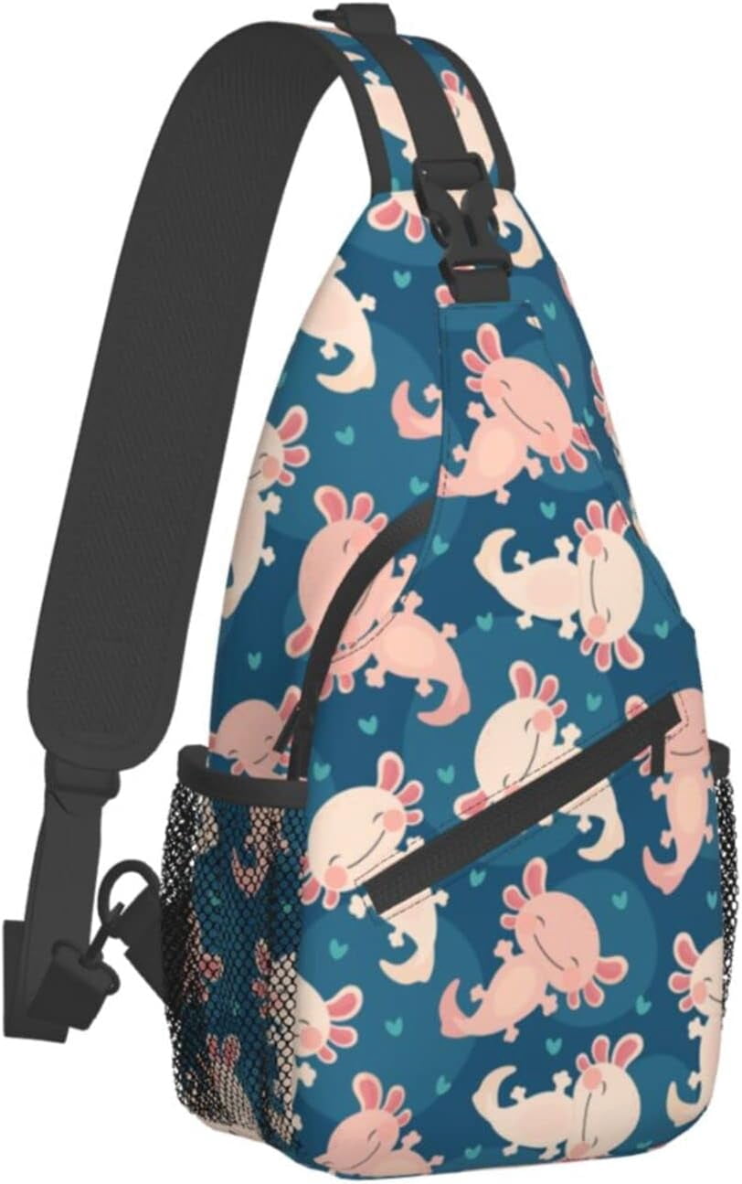 Cute Axolotl Kawaii Pattern Sling Bag Crossbody Hiking Travel Chest Bags Backpack Shoulder Daypack for Women Men