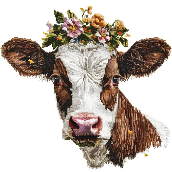 Cute Cow with Flower on Head DIY 11CT Stamped Cross Stitch Kits for Beginners Easy Needlepoint Embroidery Counted Cross Stitch Art Craft for Wall Decoration 14x14inch(4)