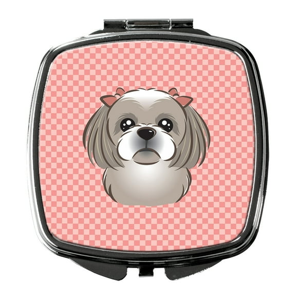 Checkerboard Pink Gray Silver Shih Tzu Compact Mirror BB1250SCM