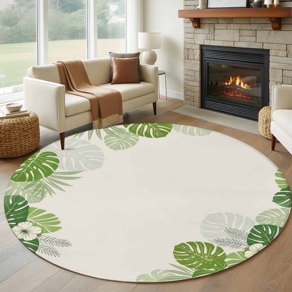 Tropical Palm Leaves Round Area Rug 5Ft Washable Circle Rugs for Living Room Bedroom, Summer Green Botanical Leaf Plants Non-Slip Carpet Floor Mats Indoor Outdoor Carpet Runner Aesthetic Home Decor
