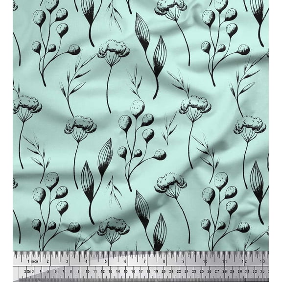 Soimoi Green Moss Georgette Fabric Cotton Ball Leaves Print Sewing Fabric Yard 44 Inch Wide