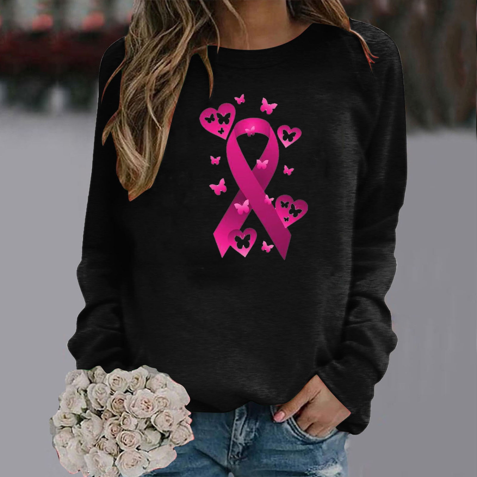 Meichang T-Shirt De Sensibilisation Au Cancer Du Sein Pour Femmes Col Rond Manches Longues Chandails En Molleton En Octobre Nous Portons Des Chemises Roses Chandail Sans Capuche