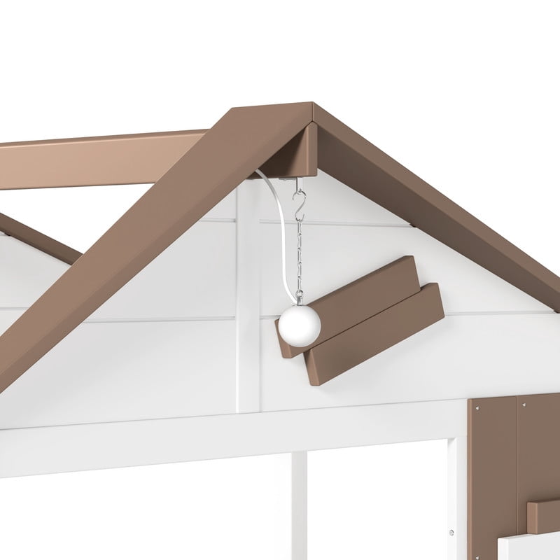 Twin House-Shaped Kid's Bed with Built-in Bookshelf & Light Bulb, Wooden Platform Bed Frame with 2 Drawers & 5 Round Hooks