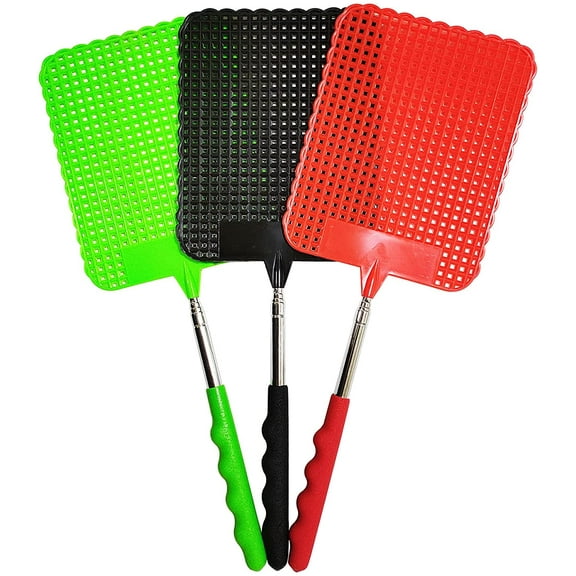 3Pcs Telescopic Fly Swatters, 29" Long Heavy Duty Retractable Manual Plastic Fly Swatter, Premium Extendable Flyswatter with Long Stainless Steel Pole, Pack of 3 Assorted Colors