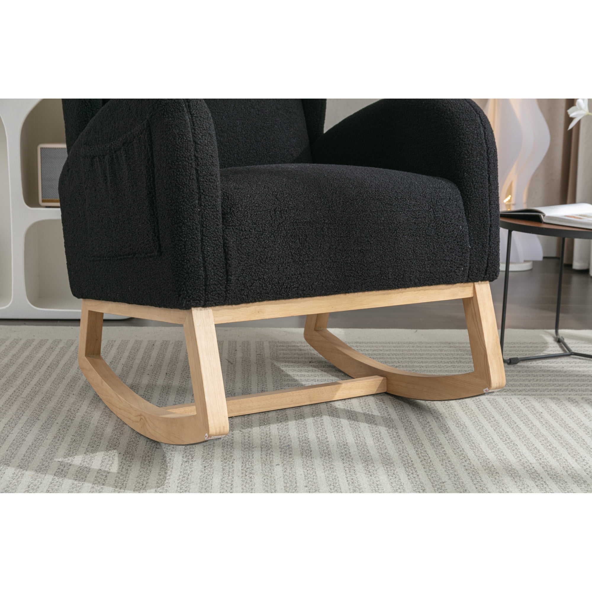 Rocking Chair Nursery,Teddy Fabric Uplostered Rocking Glider Chair with Side Pocket,Modern High Backrest Single Sofa for Living Room, Hotel, Bedroom, Baby Room,Black