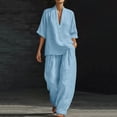 thumbnail image 2 of CHUMUD Womens 2 Piece Outfit Sets Oversize 3/4 Sleeve V-Neck Shirts and Wide Leg Baggy Pants with Pockets Summer Travel, 2 of 7