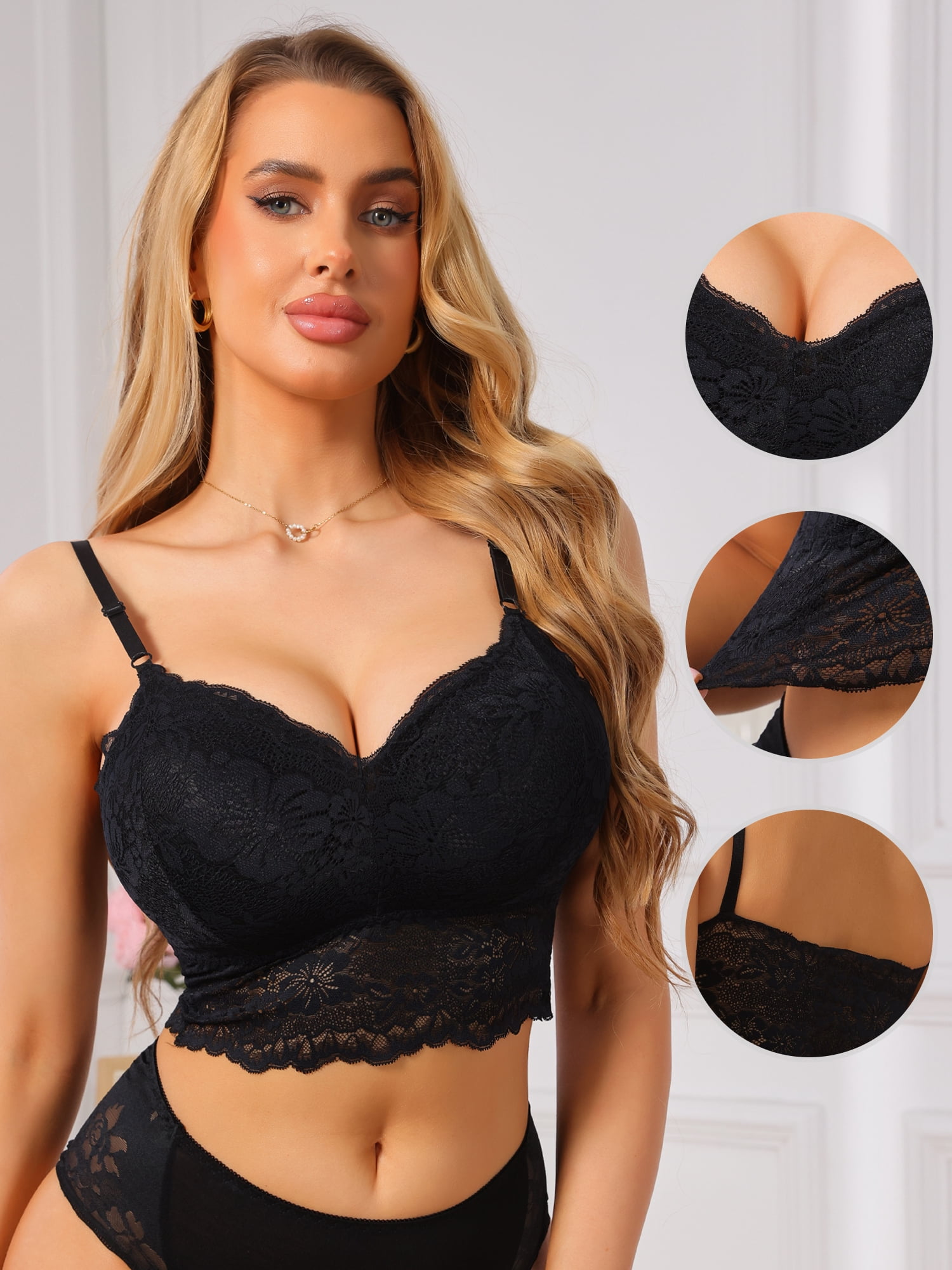 DARING DIVA Women's V Neck Wireless Adjustable Spaghetti Straps Padded Bras X-Large Black