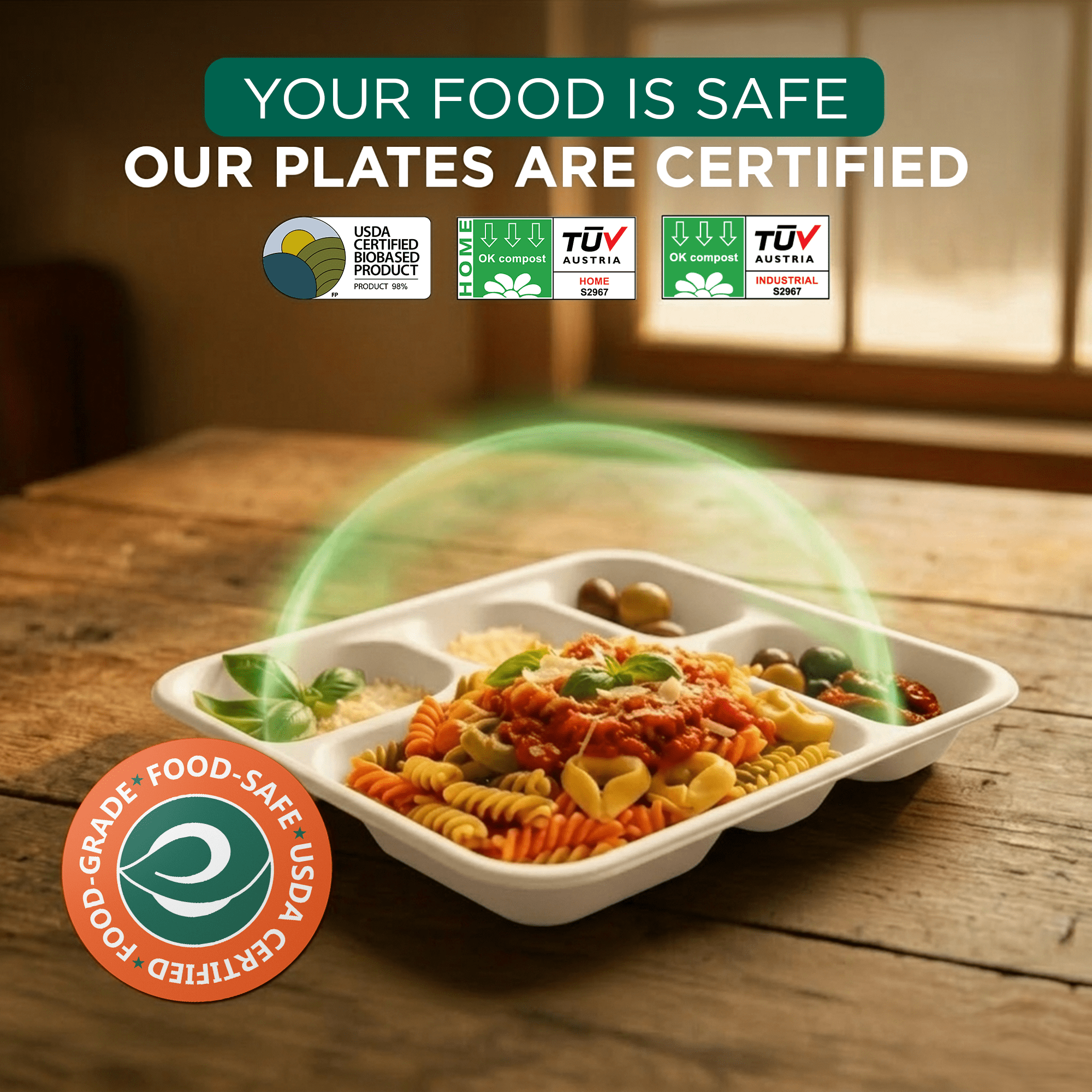 Compostable Bagasse - 5 Compartment Meal Tray 28 × 22 cm (11” x 8.6”), 24 Count