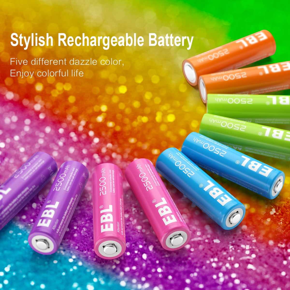 EBL 10Pack 2500mAh AA Battery Rainbow Rechargeable Batteries Home