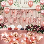 YANSION 62Pcs Birthday Decorations, Rose Gold Birthday Party Decorations Set Pink, Princess Party Supplies Kits with Confetti Balloons, Happy Birthday Banner Foil Balloons and Candles for Girls Women