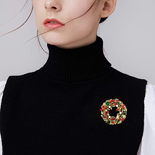 Jinsinto Christmas Brooches for Women Sparkling Vintage Gold Christmas Wreath Brooch Cute Christmas Acessories for Women
