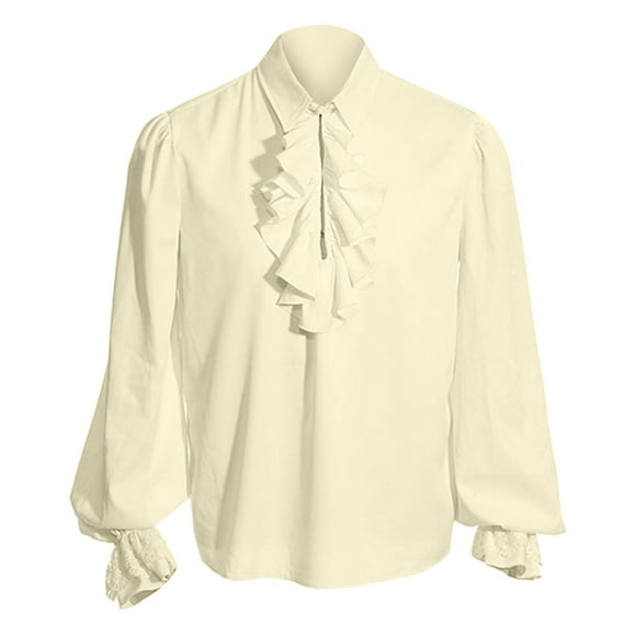 Ploknplq Men's Leisure Pirate Shirt Medieval Renaissance Relaxed Fit Hip Length Ruffle Long Sleeve Lacing Beige XL