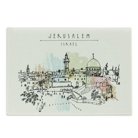 Israel Cutting Board, Jerusalem City Skyline Historical Wailing Wall Sketch, Decorative Tempered Glass Cutting and Serving Board, in 3 Sizes, by Ambesonne