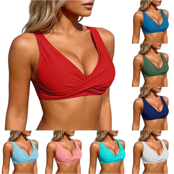 FINALGANG Womens Deep V Neck Solid Color Twist Front Wide Strap Bikini Top Padded Basic Swim Top Summer Swimwear For Poolside Beach Activities Cozy Swimwear XXL