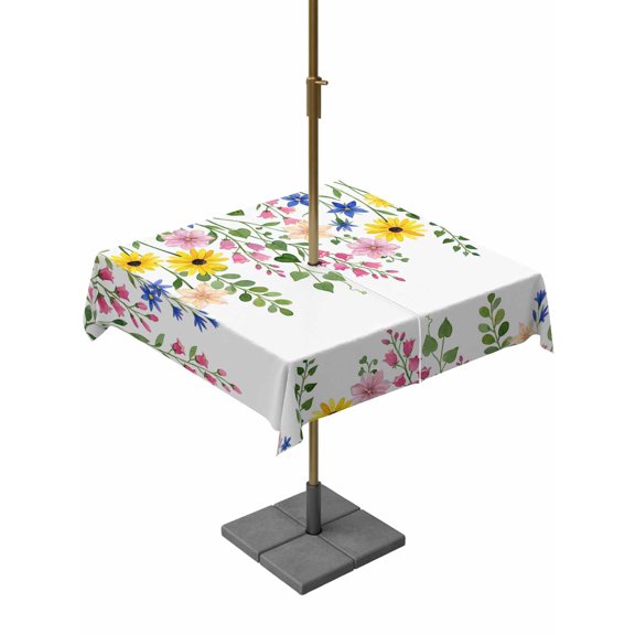 Outdoor Tablecloth with Umbrella Hole for Patio/Picnic/Party/Camping, Spring Flowers Blossom Waterproof Table Cloth Square Cover Washable, Pastoral Farmhouse Botanical Leaves (60"x 60")