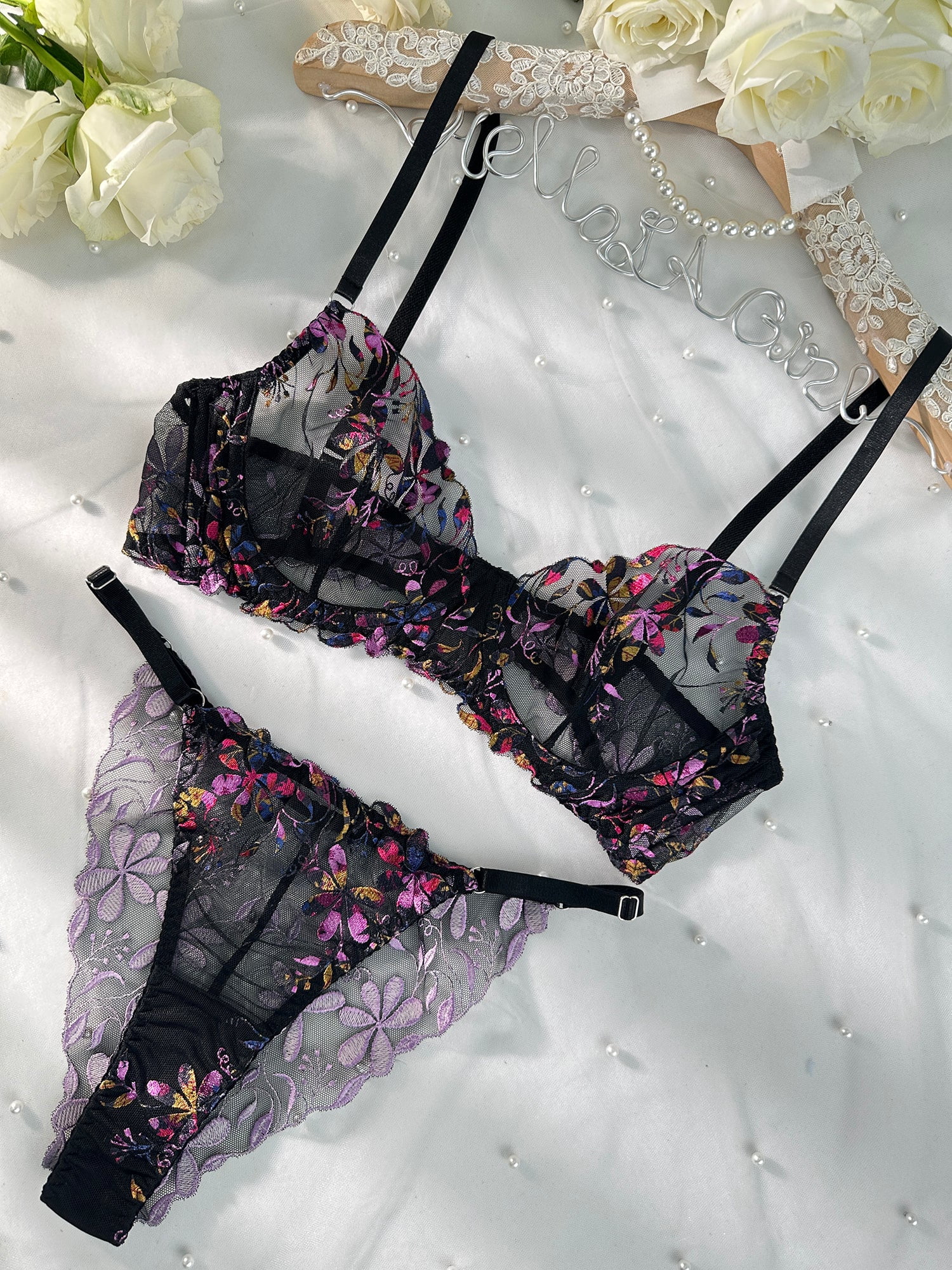 Midnight Blossom Lace Embroidered Lingerie Set (BLACK, L+)