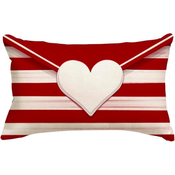 Striped Envelope Red Heart Valentine''s Throw Pillow Cover, 12x20 Inch Red and White Anniversary Wedding Cushion Case Decoration for Sofa Couch