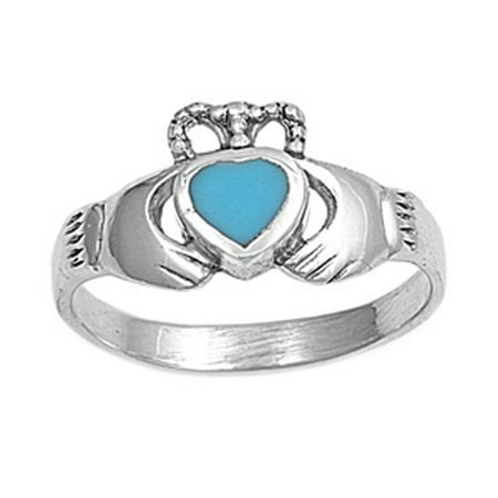 CHOOSE YOUR COLOR Claddagh Simulated Turquoise Heart Promise Ring New .925 Sterling Silver Band